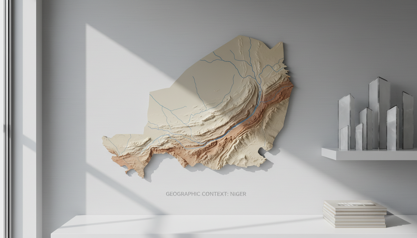 A detailed relief map of Niger, crafted from muted, matte materials, showing topographical contours, gently textured desert sands, and subtle river markings in soft blues and taupes. The map is elegantly mounted on a clean, structured light-gray wall, next to geometric glass decor and neatly stacked reports, set in a modern, minimalist newsroom. Even, diffused daylight from a large window casts a natural softness, creating delicate surface shadows and enhancing textures. The mood is highly professional and informative, suggesting clarity and purpose. The composition uses a centered eye-level view with sharp focus, clean lines, and balanced negative space, evoking a photographic realism that fits a corporate news aesthetic. This visual represents the geographic context of humanitarian efforts in Niger.